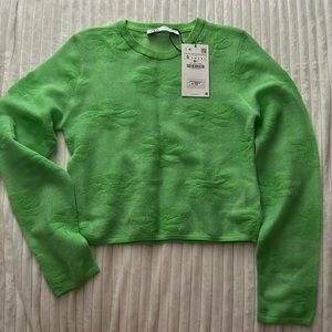 ZARA green long sleeve flower print see through crop top